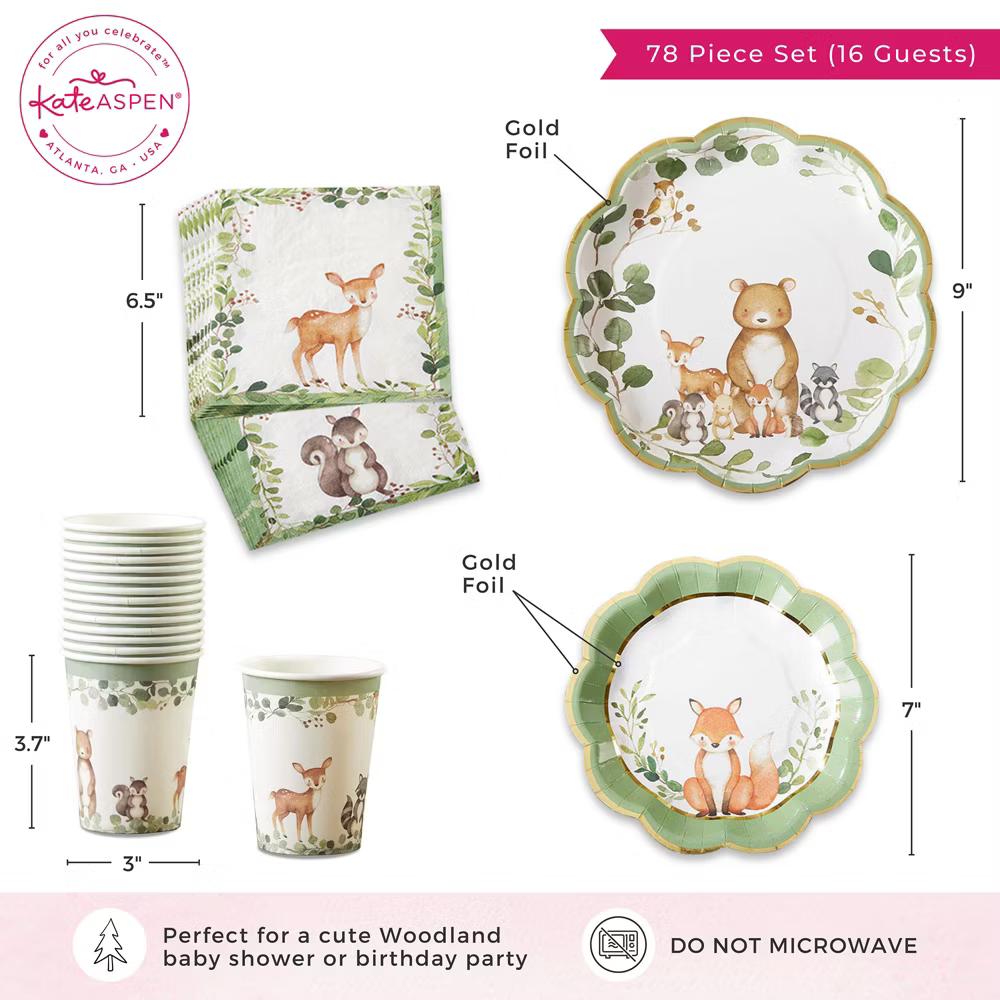 Woodland Baby Shower Decorations, 78-Piece Disposable Party Plates, Cups & Napkins Set for 16 Guests – Baby Shower Table Decor - Image 4