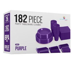 Crown Display 182 Pc Plastic Dinnerware Set: Includes 26 Each of 9'' Plates Disposable, 7'' Dessert Plates, 12oz Cups Napkins & Cutlery