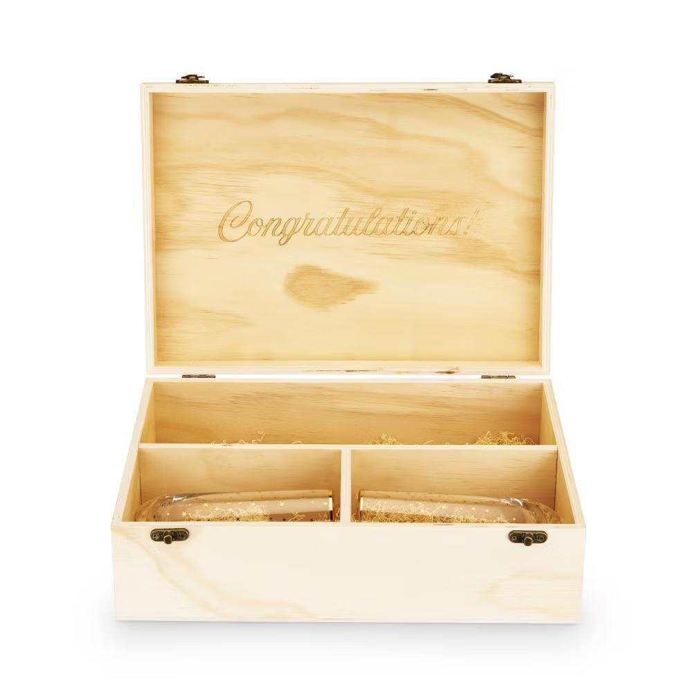 Twine Wooden Champagne Bottle Gift Box and 2 Stemless Gold Rim Champagne Flutes, Sparkling Wine Box with Lid, Packing Straw, Holds 1 Champagne Bottle - Image 5