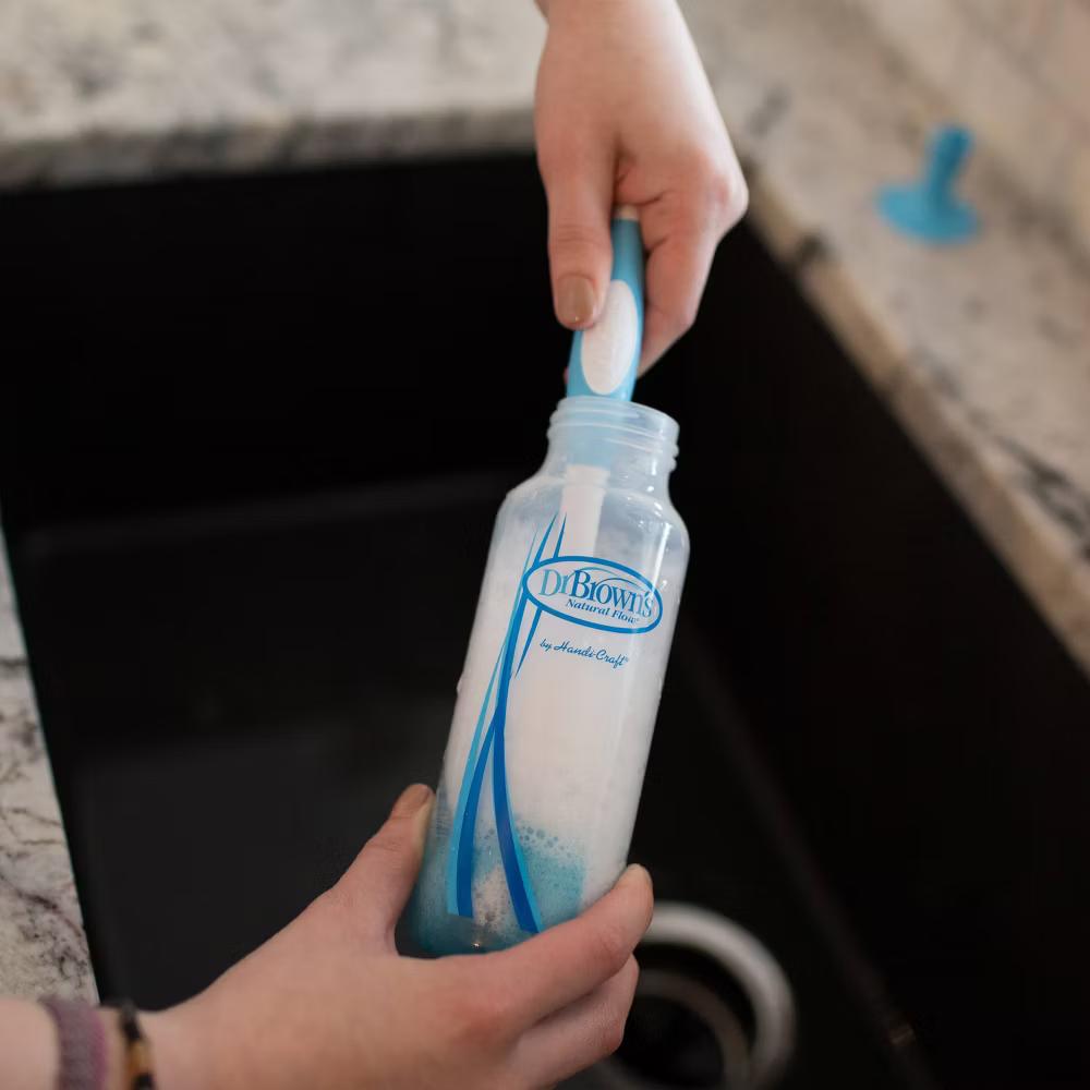 Dr. Brown's Baby Bottle Cleaning Brush, Sponge and Bristle Brush with Nipple Cleaner -3pk - Blue - Image 4