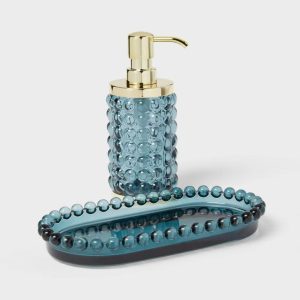 Textured Glass Soap Pump Blue