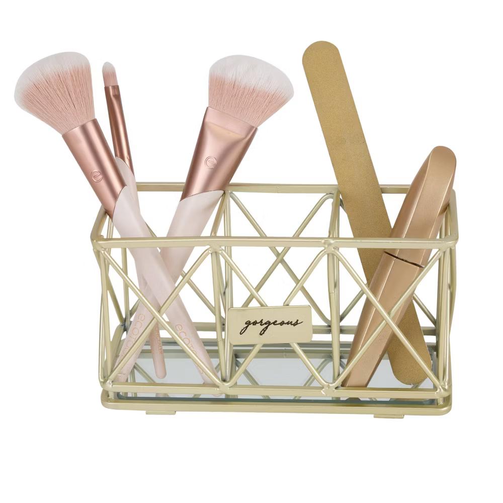 3 Compartment Cosmetic Brush and Pencil Organizer Gold - Steel Bathroom Storage Tray, Spot Clean - Image 5