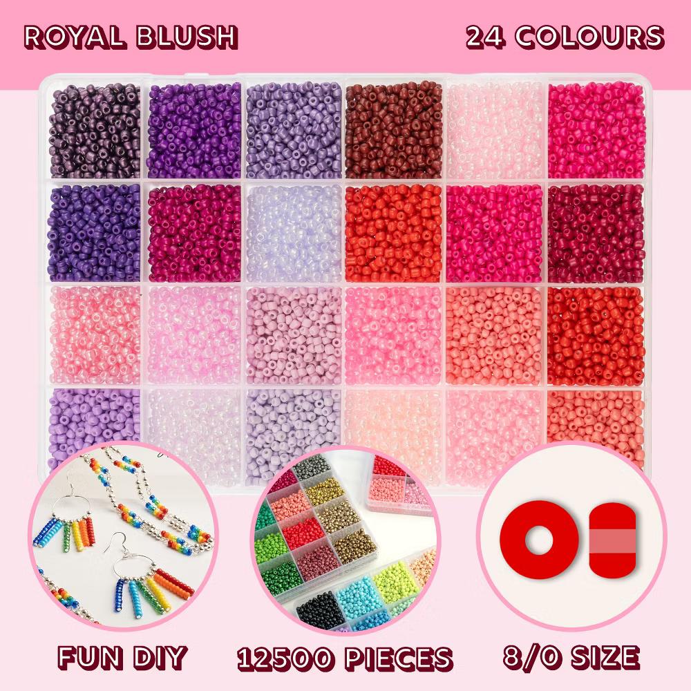 12500pcs Assorted Glass Seed Beads 8/0, 24 Colors Royal Blush Palette Palette Round Bead for DIY Crafts Jewelry Making Bead Box - Image 6