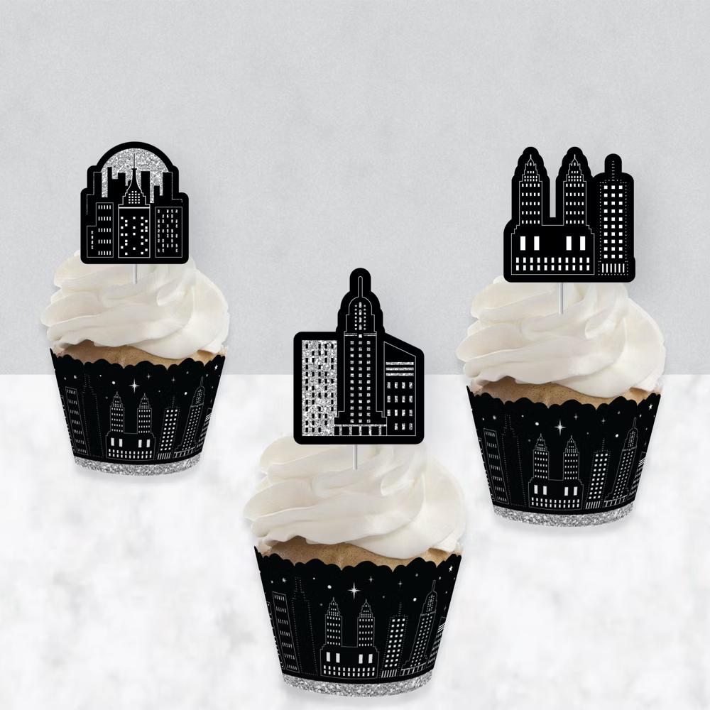 Nighttime City Skyline - Cupcake Decoration - New York Party Cupcake Wrappers and Treat Picks Kit - Set of 24