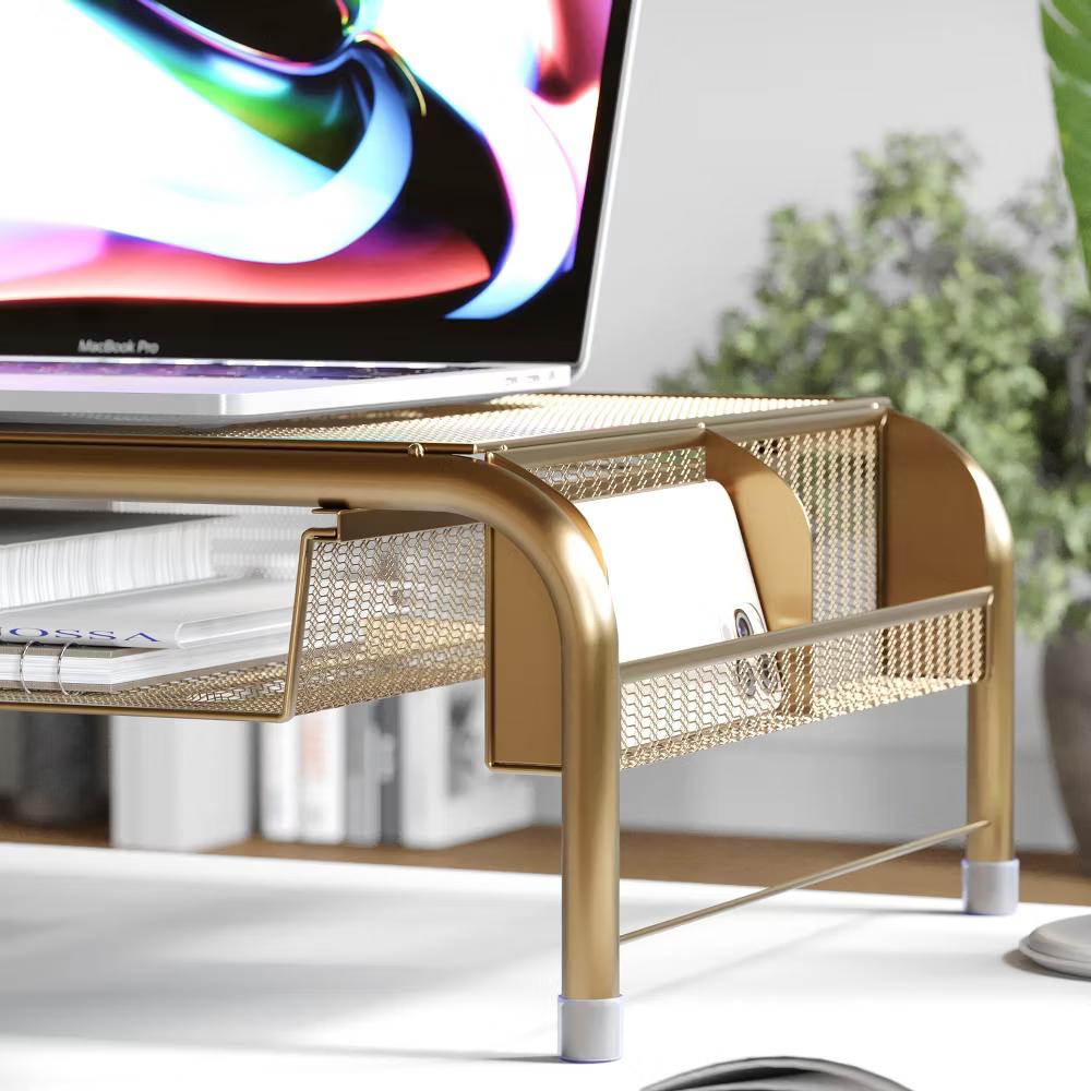 Martha Stewart Ryder Gold Mesh Metal Desktop Monitor Stand Riser with Organizer Drawer and Side Storage - Image 10