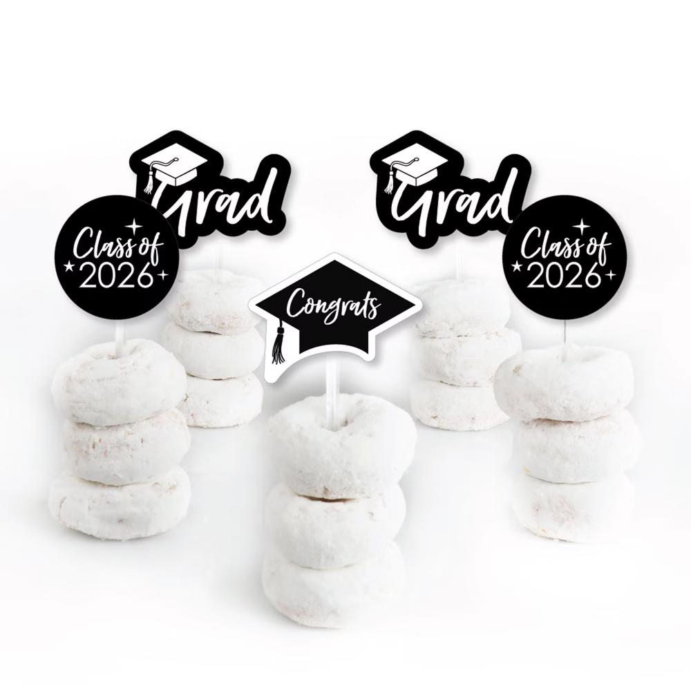 Black and White 2026 Graduation Party - Dessert Cupcake Toppers - Clear Treat Picks - Set of 24 - Image 2