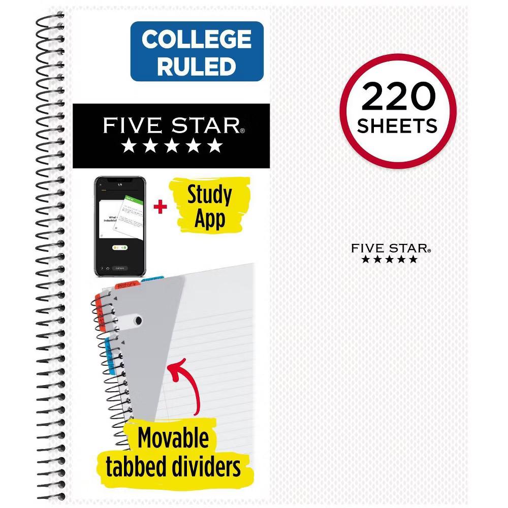 Five Star 220 Sheets College Ruled Notebook Feature Rich White: 5 Subject, Spiral, 3 Hole Punched, Perforated Pages - Image 2