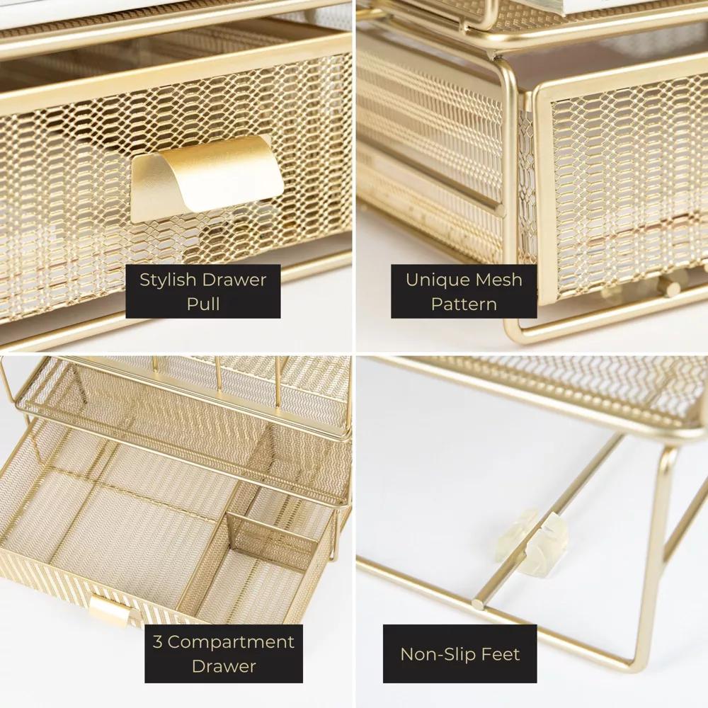 Blu Monaco Gold Desk Organizer - Includes Detachable File Organizer, Stackable Paper Tray & Drawer, Office Supplies for Desk - Image 3