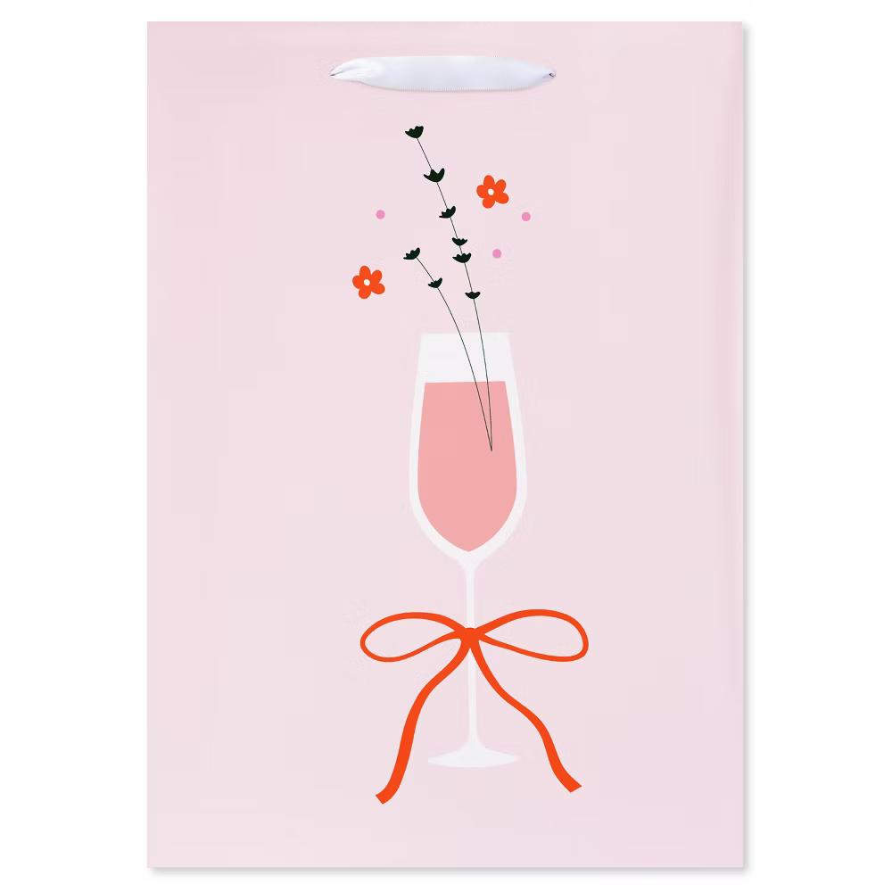 Medium Pink Birthday Gift Bag for Her, Champagne Glass and Bow 1 Bag 10"x7" - Designed by Spaghetti and Meatballs - Image 3