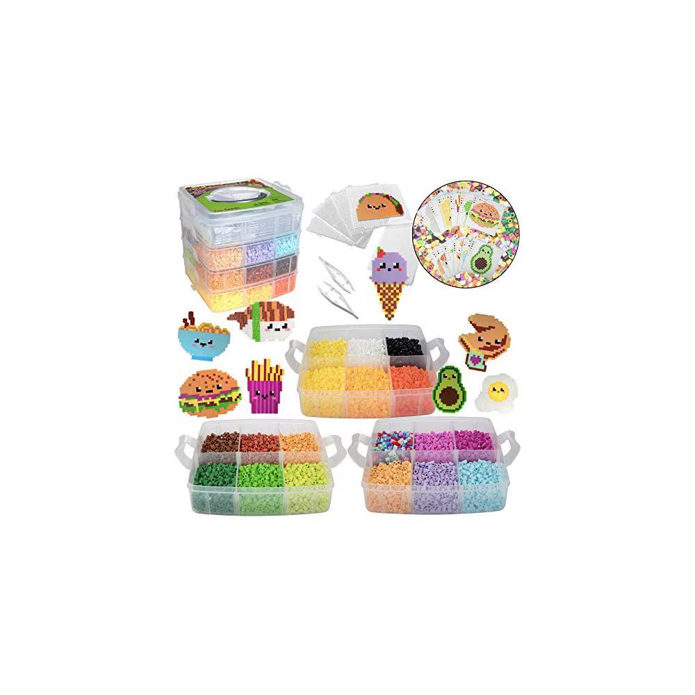 10,000pc DIY Fuse Bead Kit w Carrying Case- Fun Foods - 22 Colors, 12 Unique Templates, 4 Peg Boards, Tweezers, Ironing Paper & Case