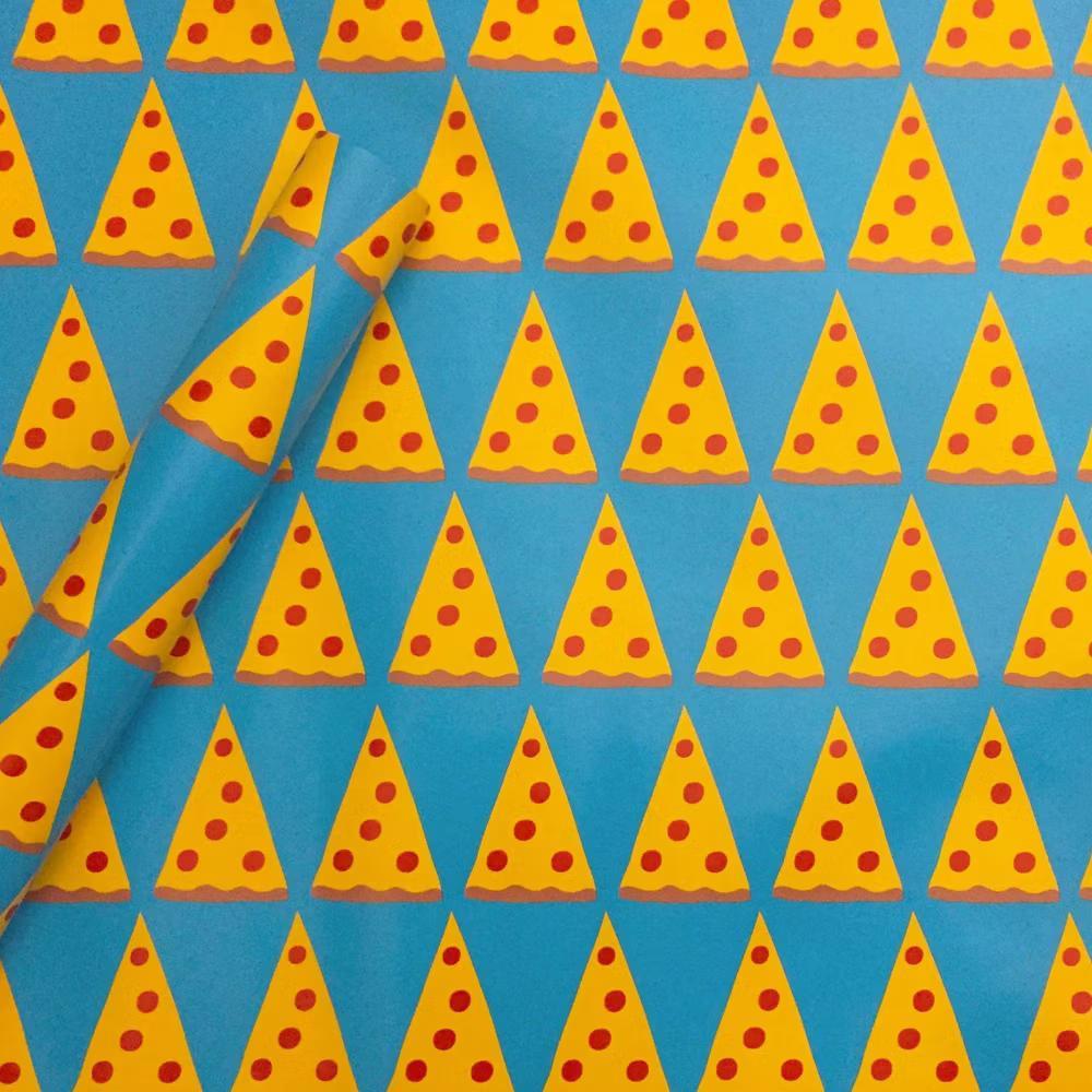Pizza Paper Gift Wrapping Paper Blue/Orange/Yellow - Boys Birthday Food Theme, 96" 30"