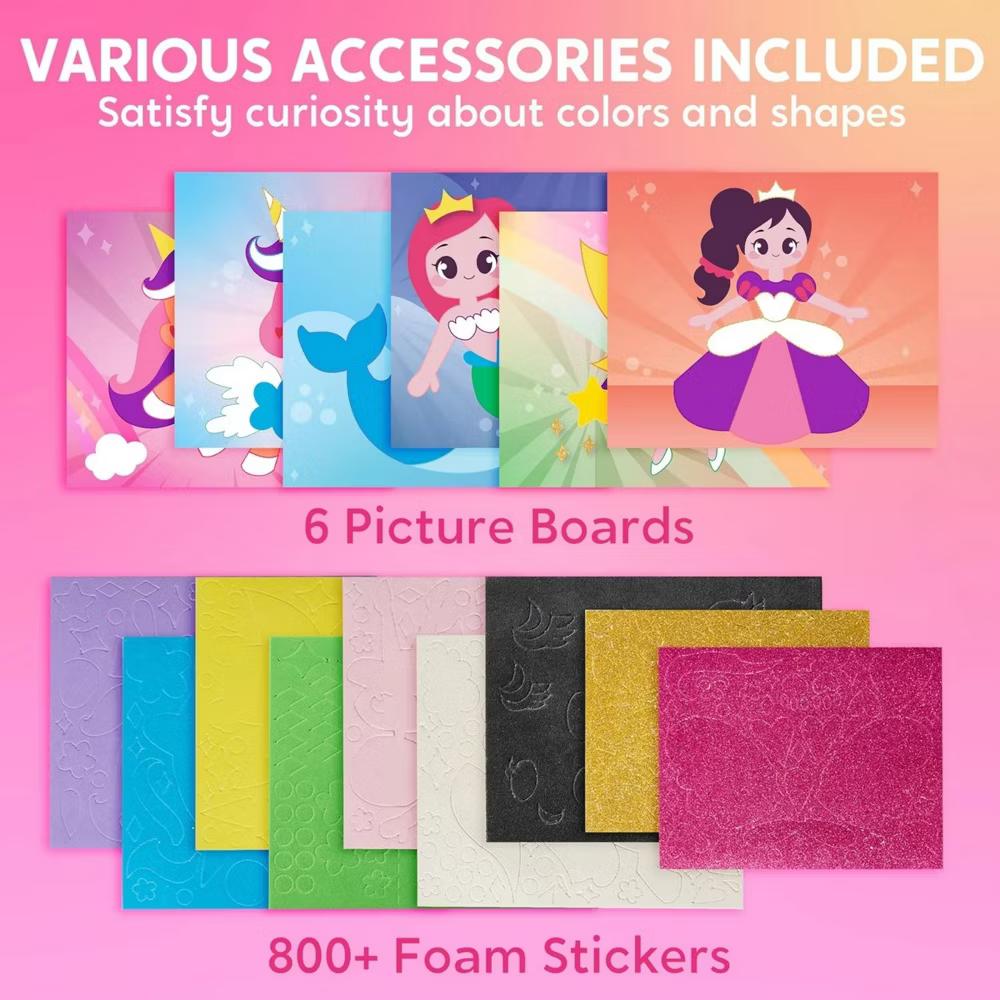 Girls Foam Art Kit Kids Unicorns/Princesses DIY Arts & Crafts with 6 Boards/800+ Stickers Creative Toy Christmas Birthday Gift for Girls Age 3-8 - Image 3