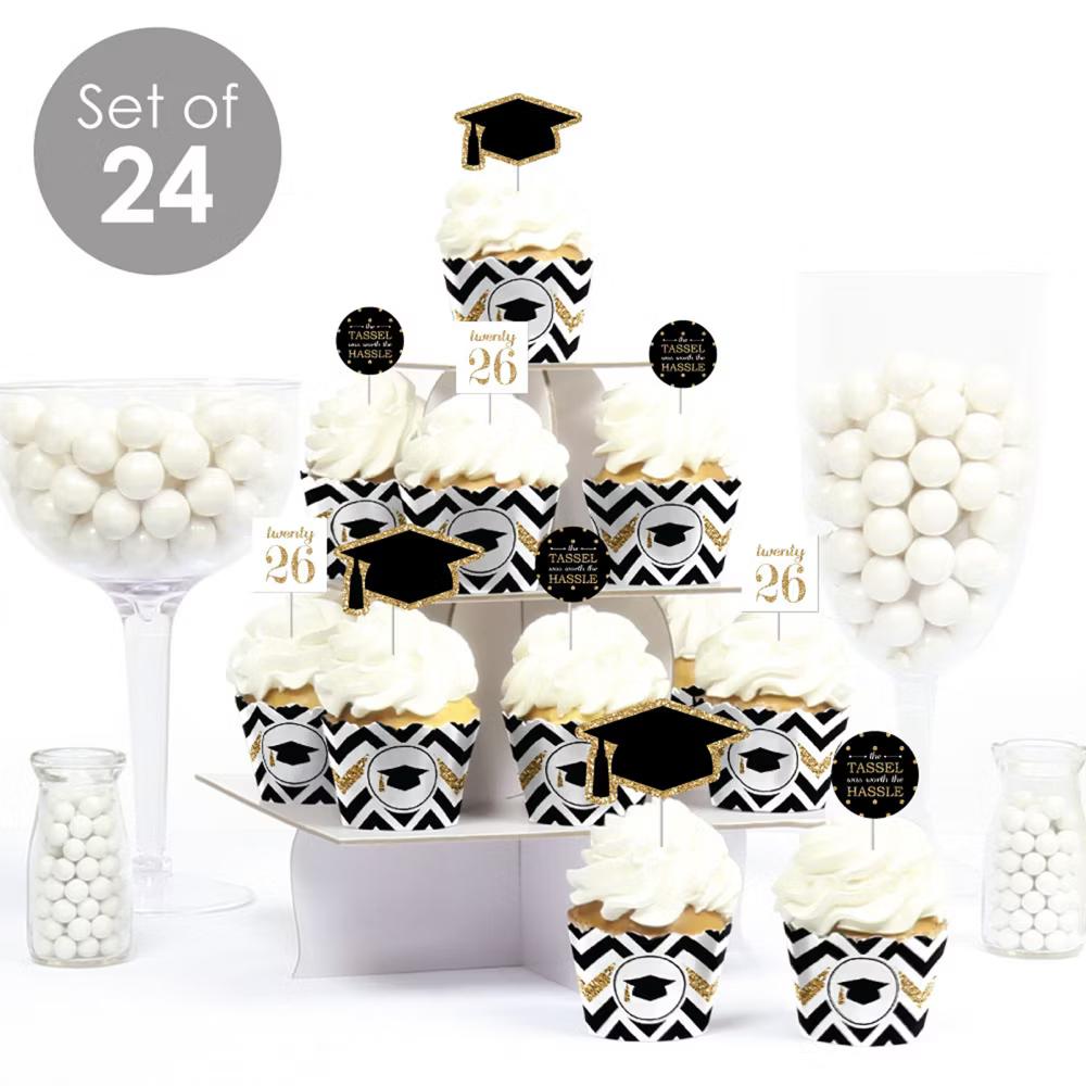 2026 Gold Graduation Cupcake Decoration - Party Cupcake Wrappers and Treat Picks Kit - Set of 24 - Image 2