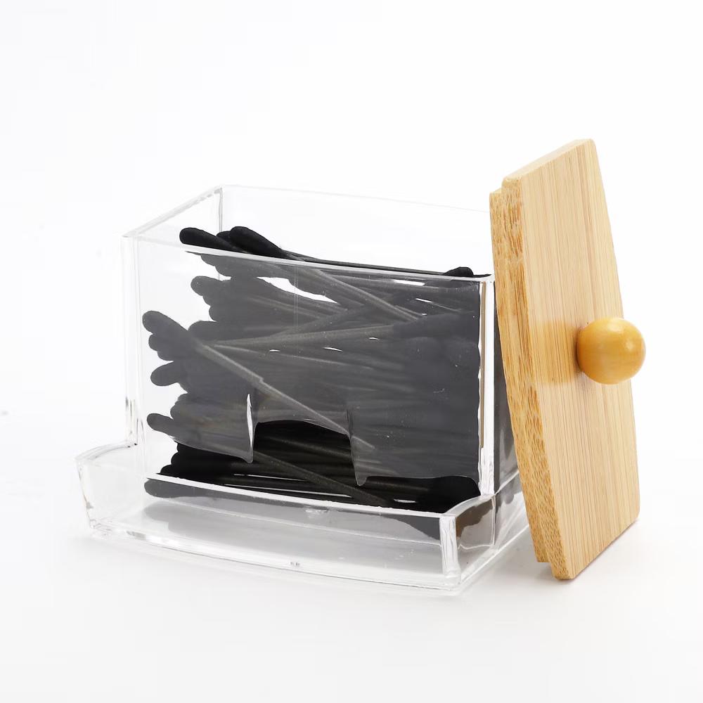 Acrylic Bamboo Wood Cotton Swab Jar Clear Wood Color - Image 3