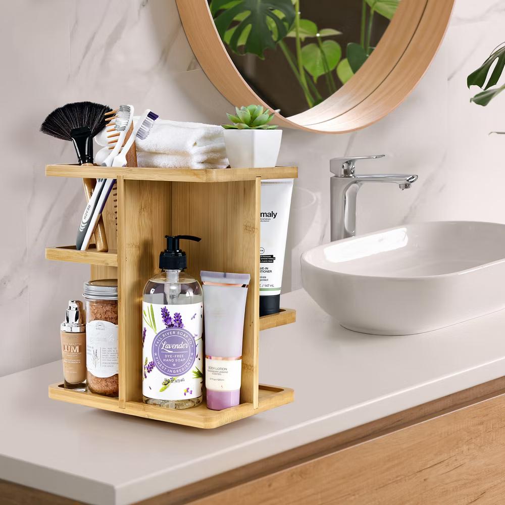 360° Bamboo Rotating Makeup Organizer - Multi-Function Storage Carousel stores Cosmetics, Skin Care, and more - Image 8