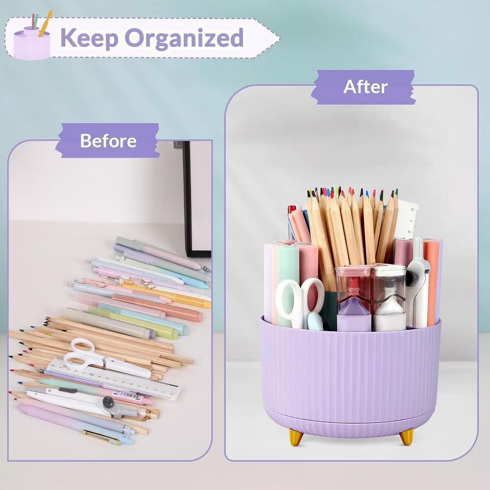 Maison 360 Rotating Plastic Desk Pen And Makeup Organizer With 5 Slots - Image 23