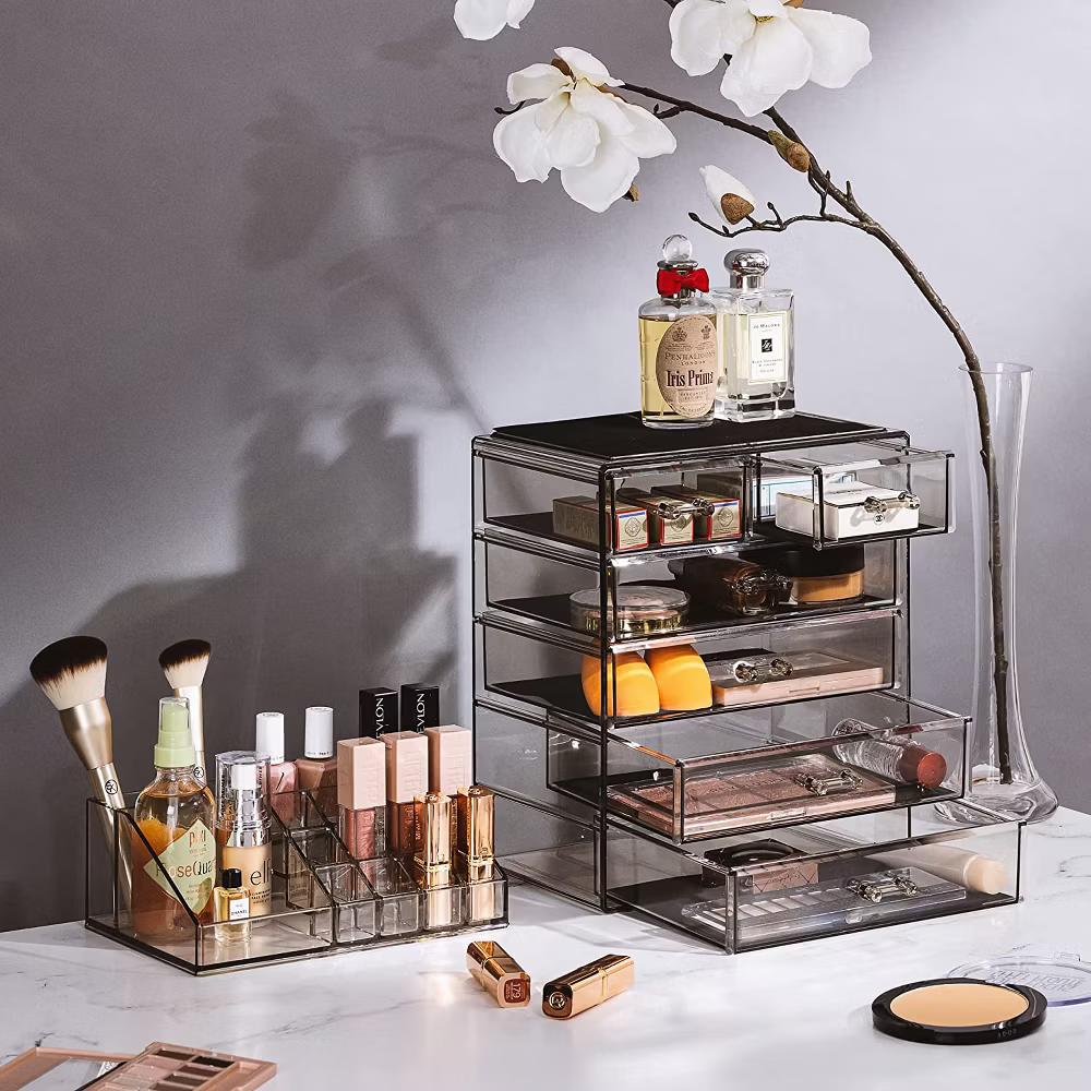 2 Piece Acrylic Makeup and Jewelry Storage Organizer Case (6 Drawers and Lipstick Tray) - Image 4