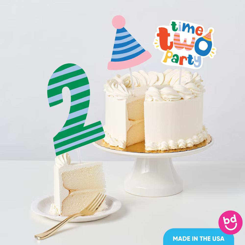 Time Two Party 2nd Birthday Cake Topper Set, Colorful Cake Dessert Decorations, Second Birthday Party Supplies – 3 Count - Image 4