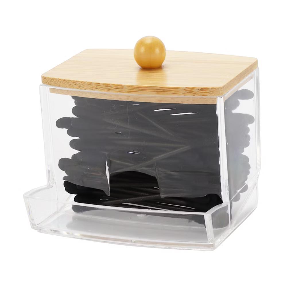 Acrylic Bamboo Wood Cotton Swab Jar Clear Wood Color