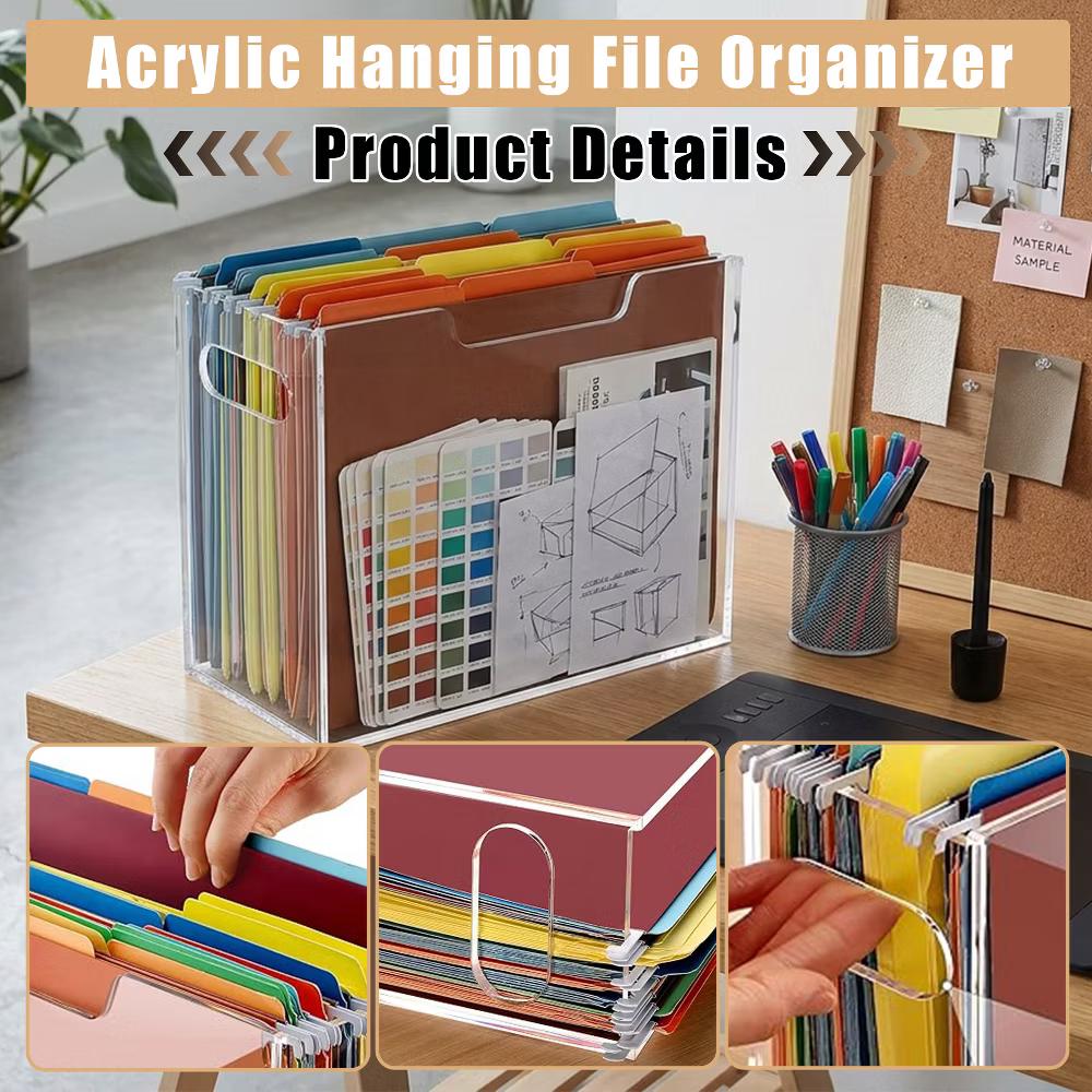 File Organizer Box for Letter Size Hanging Folders, Acrylic Desk File Holder with Portable Handle, Clear Modern Document Storage Rack for Office - Image 11