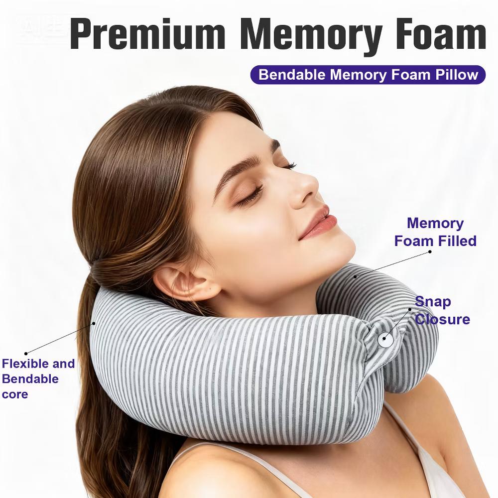 Memory Foam Travel Pillow, Travel Neck Pillow For Airplanes Car, Flexible U-Shaped Plane Pillow With Washable Cover, Gray Stripes - Image 3
