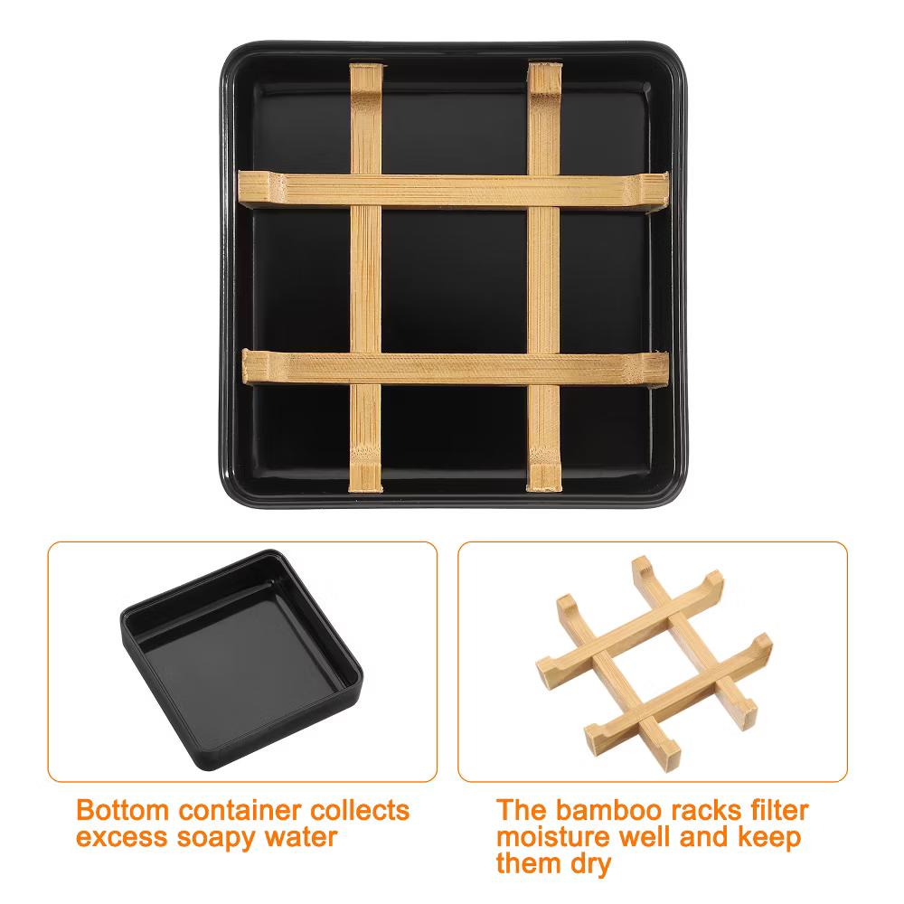 Wooden Detachable Self Draining Square Soap Dishes with Lid - Image 4