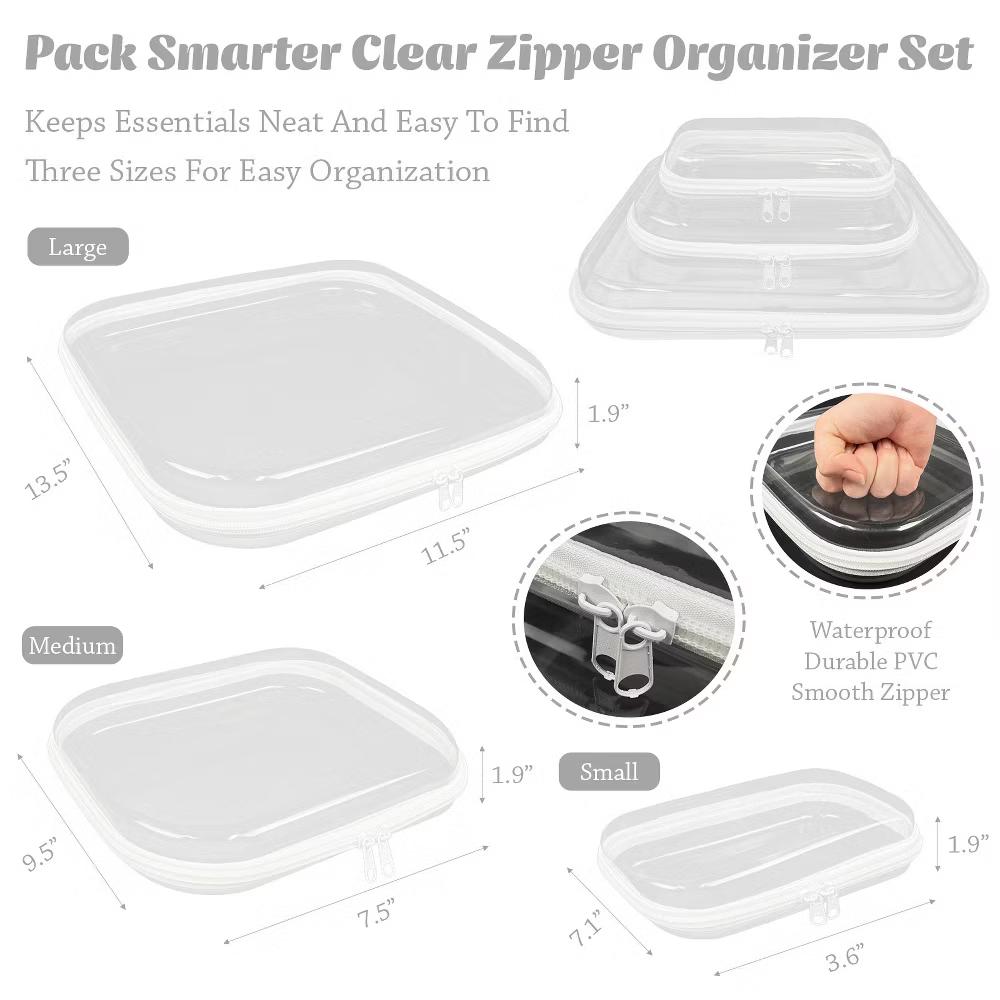 Transparent Hard Shell Zipper Case, Clear Travel Storage Organizer for Toiletries, Makeup, and Cosmetics (Set of 3) - Image 9