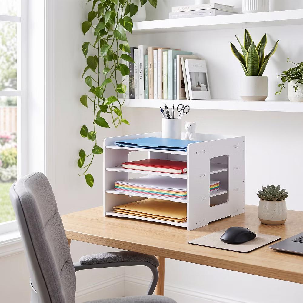 Multi-Layer Desktop File Organizer, Adjustable A4 Paper Storage Rack, Waterproof PVC Wood Plastic Board, Office Desk Folder Holder - Image 7