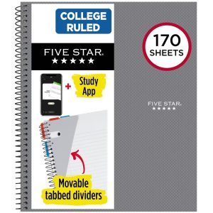 Five Star 170 Sheets College Ruled Notebook Feature Rich Gray: 3 Subject Spiral, 8.5x11", Bleed-Resistant, Perforated Pages