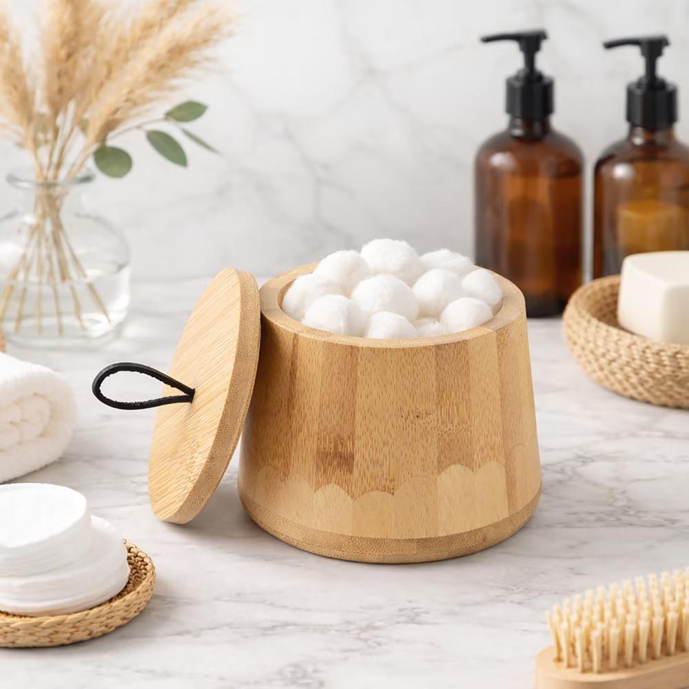 Natural Bamboo Cotton Ball Holder - Bathroom Container Storage Solution for Cotton Swabs, Pads & Other Bath Accessories - Image 6