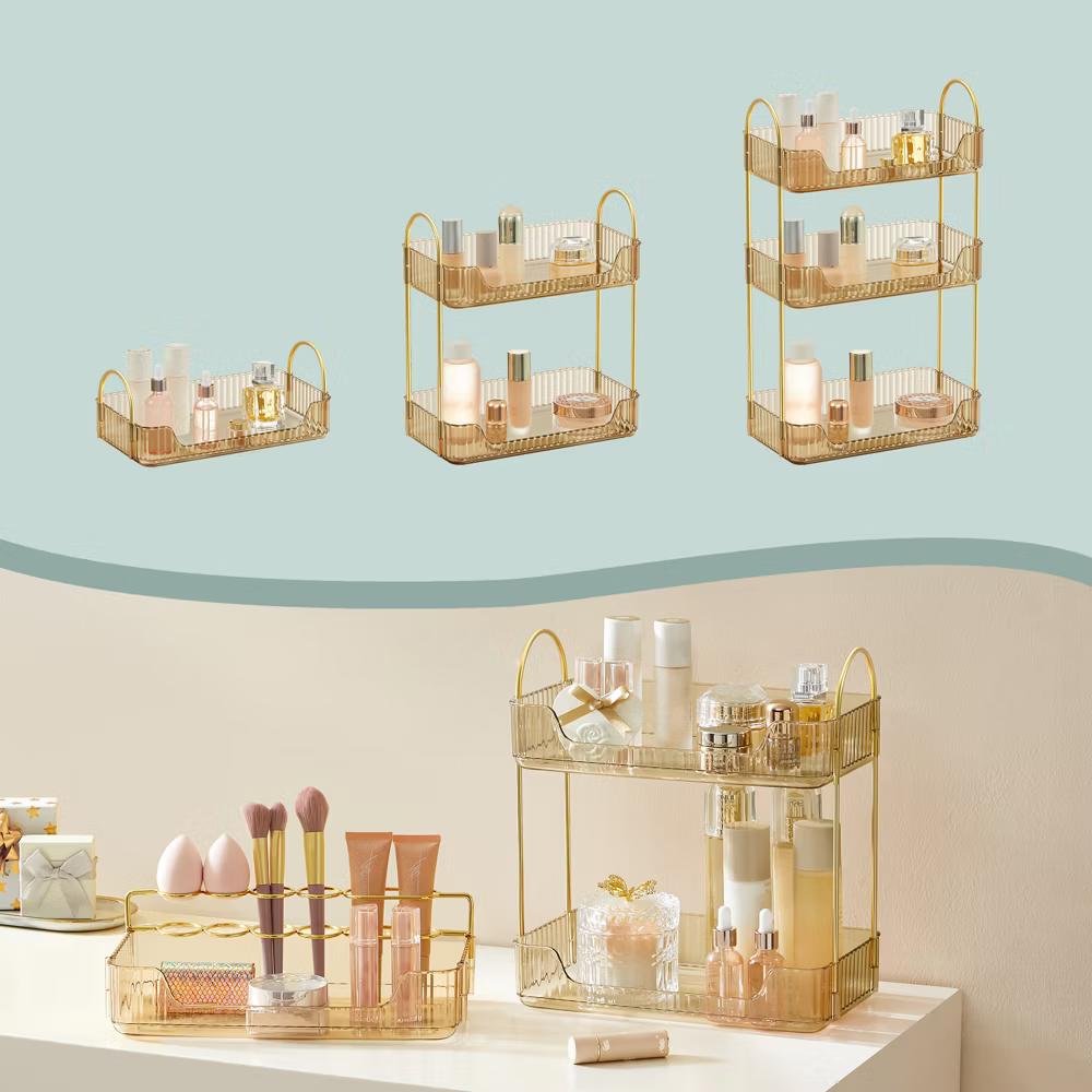 LEDREM Makeup Organizer, 3-Tier 360° Rotating Skincare Organizer Countertop for Vanity, 12 6.6 18.9 inches, Gold - Image 5