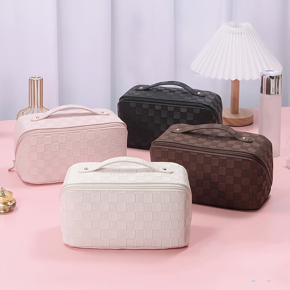 Checkered Makeup Bag, Large Capacity Cosmetic Bag with Handle, Portable Waterproof Travel Toiletry Organizer for Women - Image 7