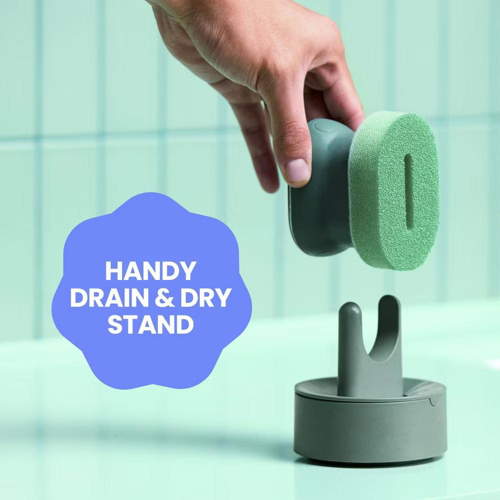 Brite by Fillable Palm Scrubber Dish Sponge with Built-in Soap Dispenser and Drain Dry Stand - Image 3
