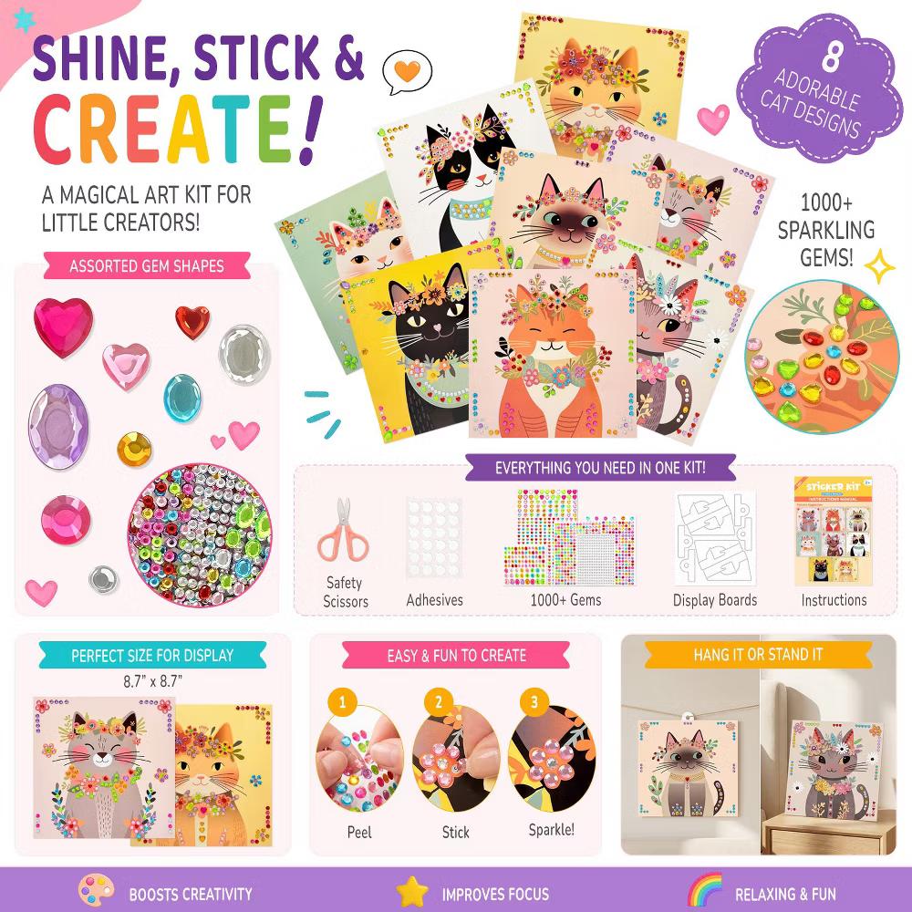 Gem Sticker Art Kit, Diamond Painting Arts and Crafts Supplies, Gemstone Sticker DIY Crafts, Adorable Cats - Image 6