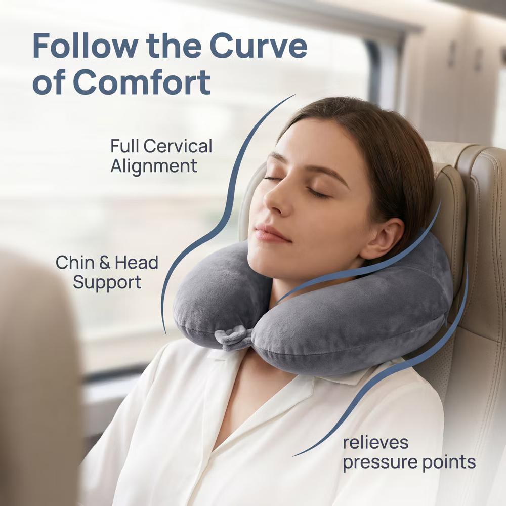 U‑Shape Memory Foam Travel Neck Pillow with Snap Closure Plush Cover 1Pc - Image 5