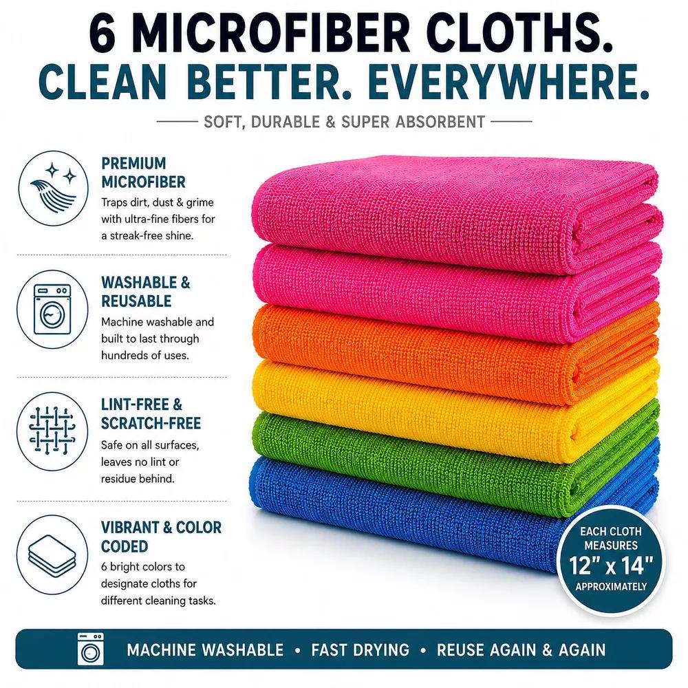 Handy Housewares 12" 14" Colorful Microfiber Cleaning Cloths, Set of 6 - Image 5