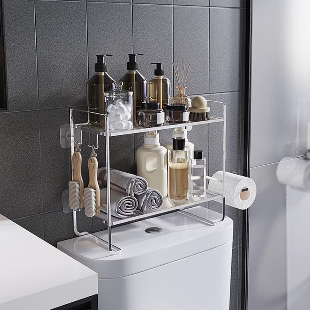 Over The Toilet Storage Shelf, 2 Tier Bathroom Organizers and Storage With Paper Holder & 2 Hooks, Wall Mounted Back of Toilet Shelf Organizer