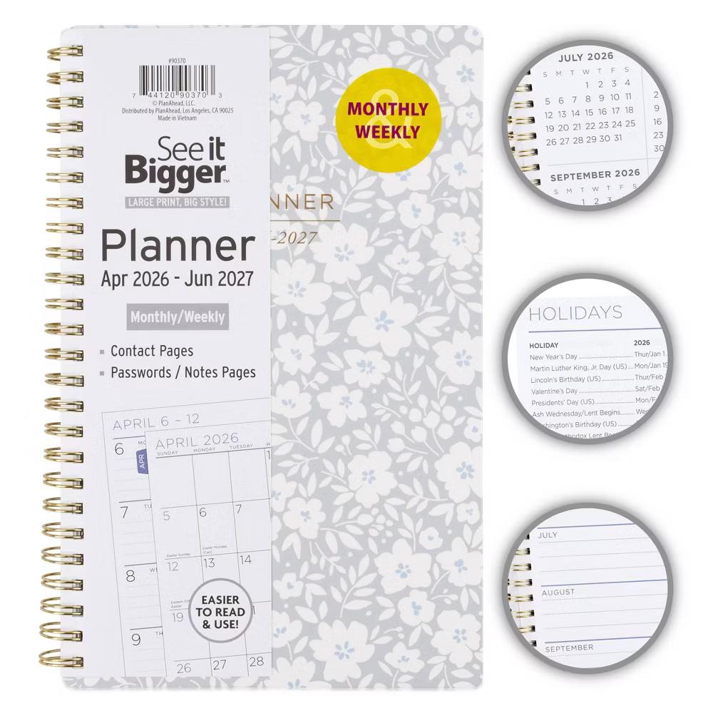 See It Bigger 5.75"x8.625" April 2026 - June 2027 Monthly/Weekly Planner Gray Floral - Image 3