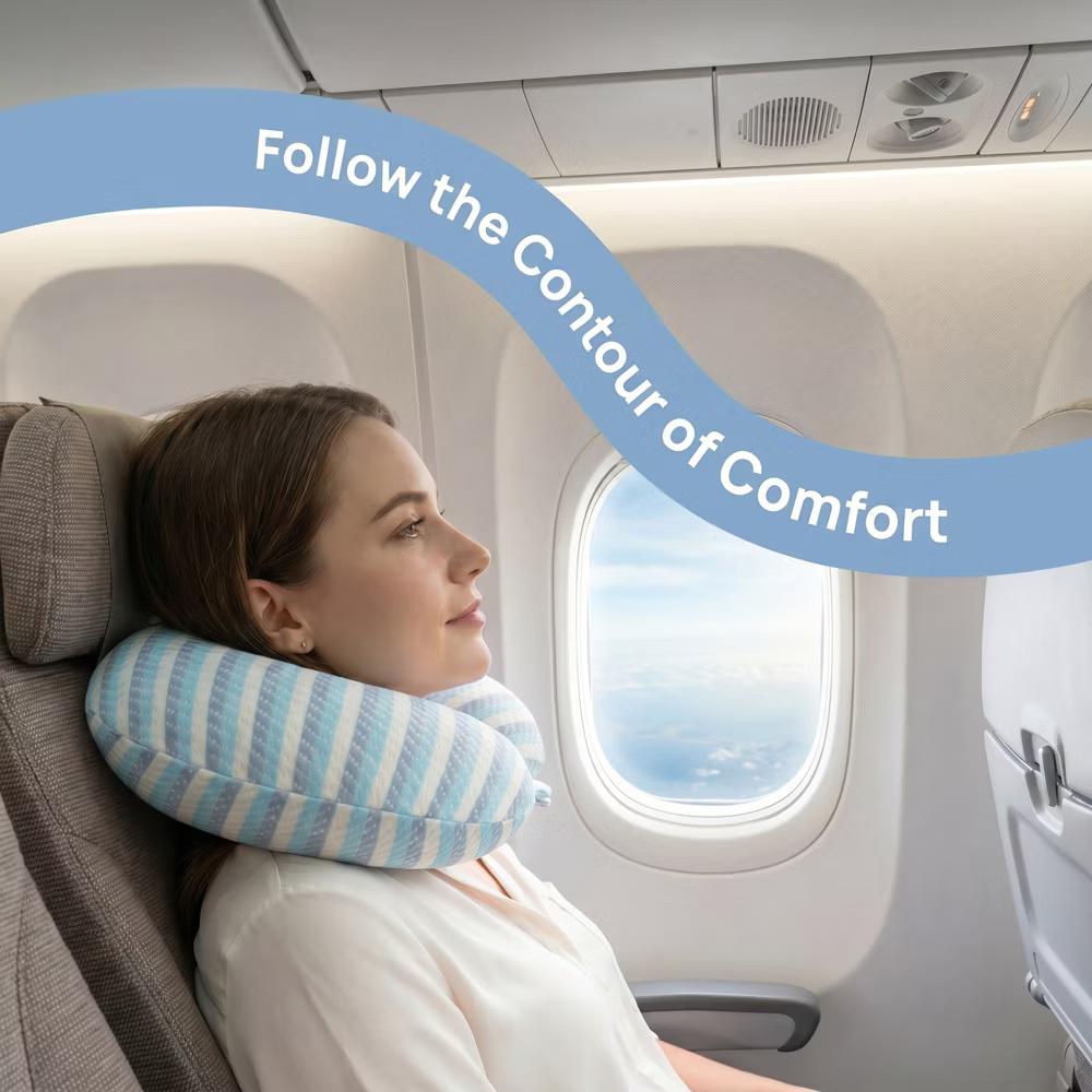 U‑Shape Memory Foam Travel Neck Pillow Striped Cover for Airplane Office 1Pc - Image 4