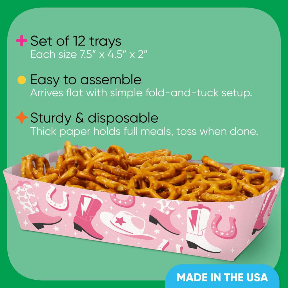 Pink Rodeo Cowgirl Party Paper Food Trays, Disposable Double-Sided Food Holders for Nachos, Hot Dogs, French Fries - 12 Ct - Image 4
