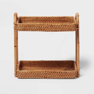 Natural Woven Tiered Vanity Bathroom Tray - Rattan Countertop Storage Accessory, Spot Clean