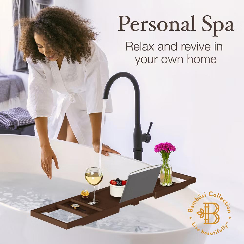 Luxury Bamboo Bathtub Tray Caddy - Brown Expandable and Foldable Non-Slip Bath Caddy with Book, Tablet, Wine Glass Holder - Unique Gift for Her or Him - Image 8