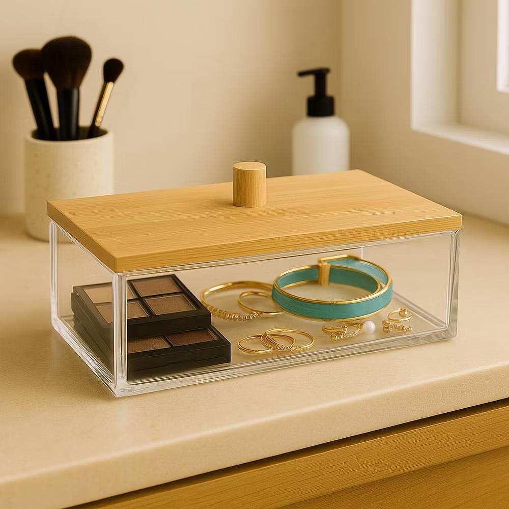 Acrylic Makeup Organizer with Bamboo Lid, Clear Nonslip Rectangular Cosmetic Storage Box for Bathroom & Vanity, Durable & Stylish Countertop Organizer - Image 2