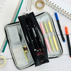 Large Capacity Pencil Case, 3 Compartment Pencil Pouch for Stationery Pens, Black
