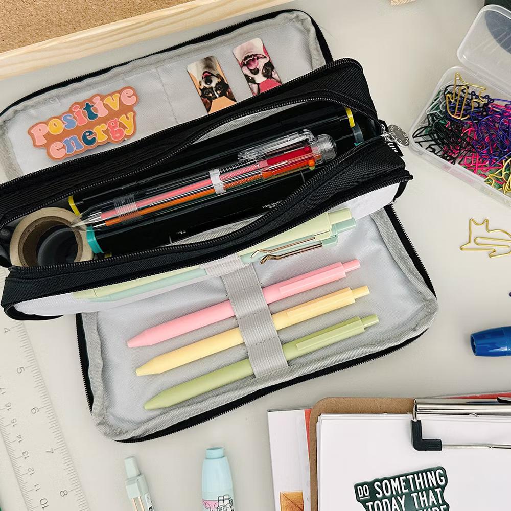 Large Capacity Pencil Case, 3 Compartment Pencil Pouch for Stationery Pens, Black - Image 2