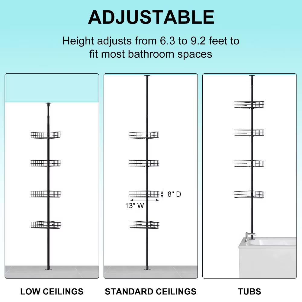 Tension Pole Shower Caddy, Corner Shower Caddies with 4 Baskets and Towel Bars, Rustproof Bathroom Shower Organizer Adjustable 98-110 Inch - Image 6