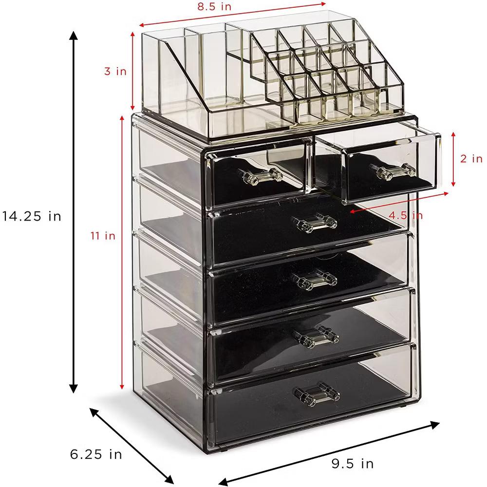 2 Piece Acrylic Makeup and Jewelry Storage Organizer Case (6 Drawers and Lipstick Tray) - Image 7