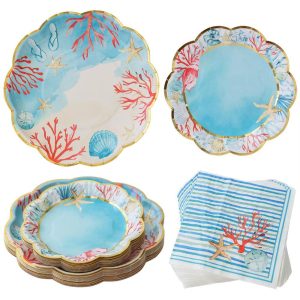 Beach Party 62 Piece Coastal Party Tableware Set, Birdal Shower Decorations Plates & Napkins, Vibrant Floral Nautical (16 Guests)