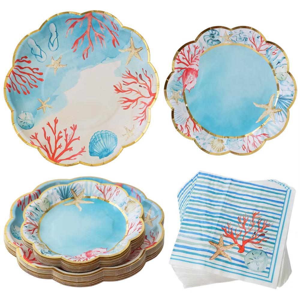 Beach Party 62 Piece Coastal Party Tableware Set, Birdal Shower Decorations Plates & Napkins, Vibrant Floral Nautical (16 Guests)