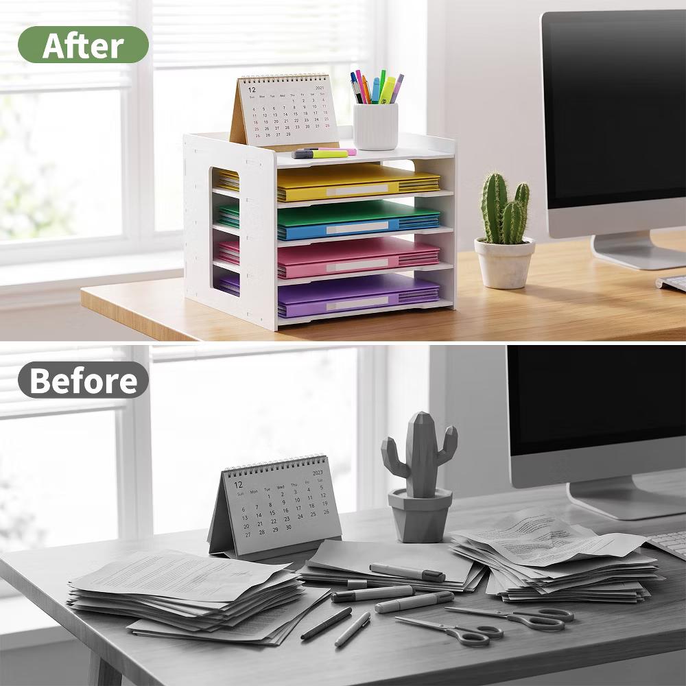 Multi-Layer Desktop File Organizer, Adjustable A4 Paper Storage Rack, Waterproof PVC Wood Plastic Board, Office Desk Folder Holder - Image 15
